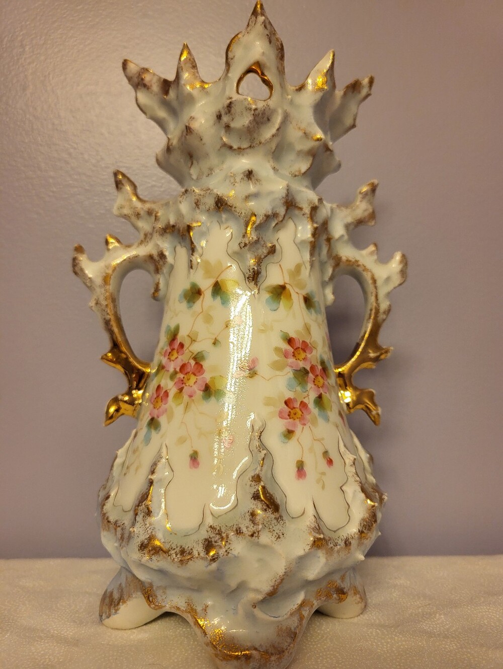 1900-1919 Antique French Vase with Floral Motif & Gold Trim
